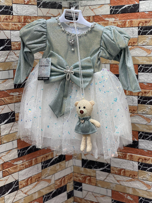 Royal Aura Teddy Frock with Pajama for Baby Girls – Elegant Eid Festive Dress Set-Green