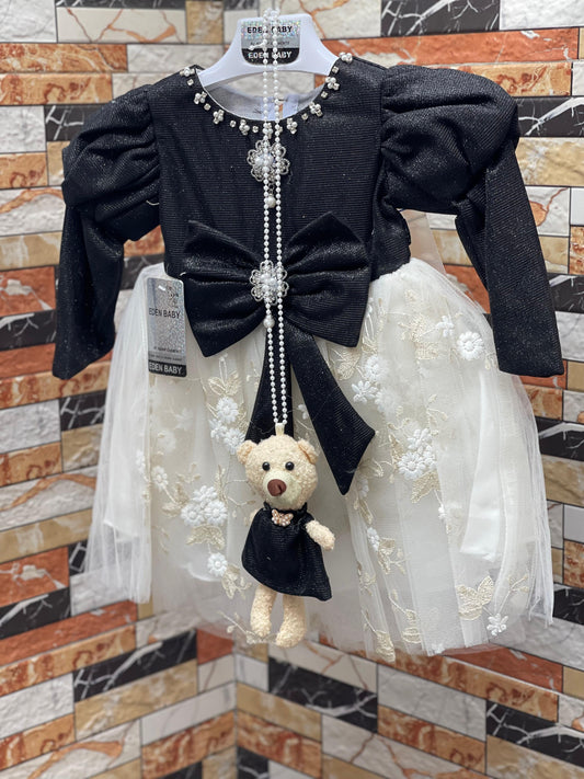 Royal Aura Teddy Frock with Pajama for Baby Girls – Elegant Eid Festive Dress Set-Black