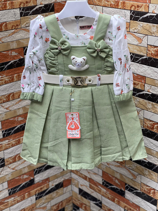 Royal Aura Baby Teddy Bow Dress – Green Frock with Pajama Set