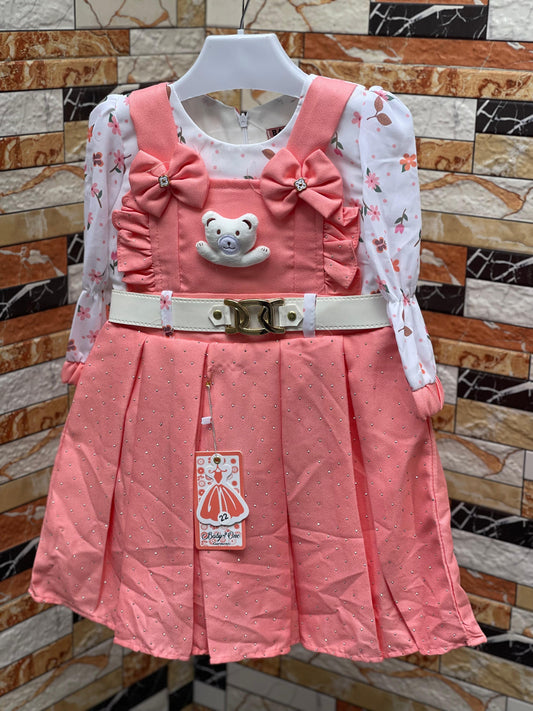 Royal Aura Baby Teddy Bow Dress – Pink Frock with Pajama Set