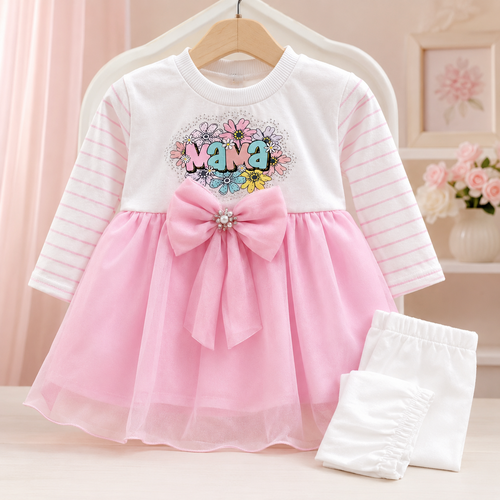 Pink baby girls Mama bow frock top with white pajama