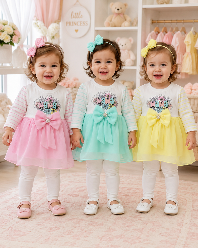 Baby girls Mama bow frock top with white pajama in pink mint green and yellow colors
