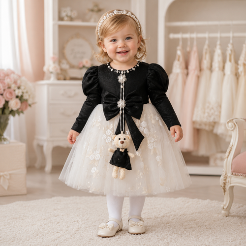 Baby girl wearing black and white party frock suit with pajama, pearl detail and teddy charm