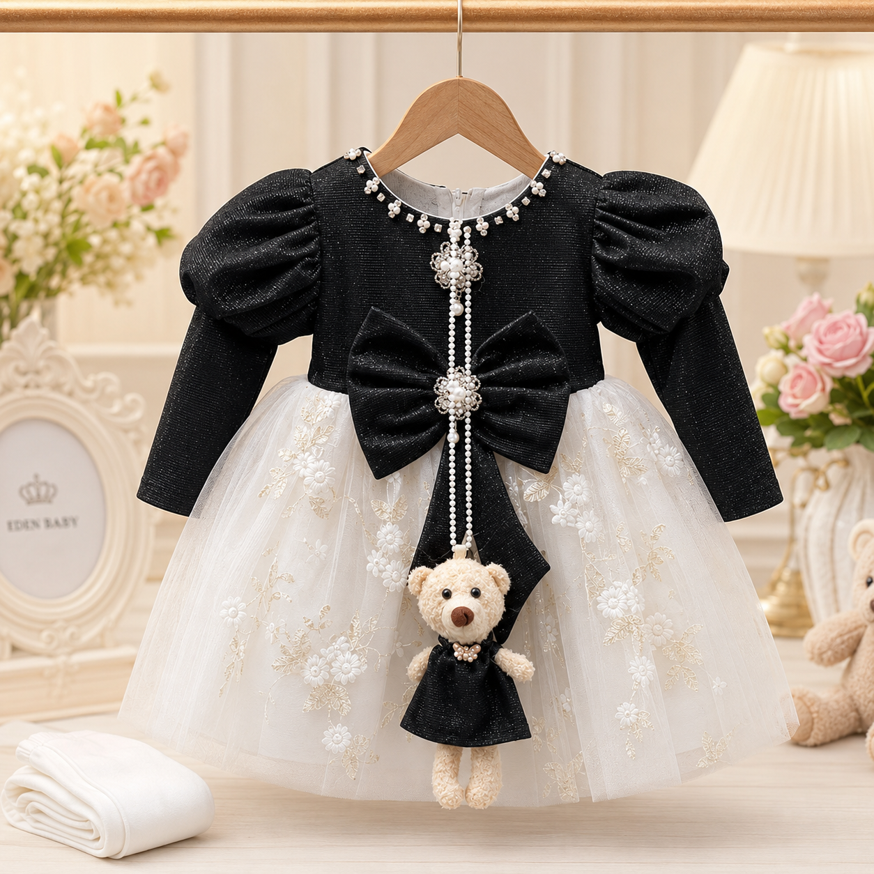 Black and white baby girls party frock suit with pajama, pearl necklace, bow and teddy charm