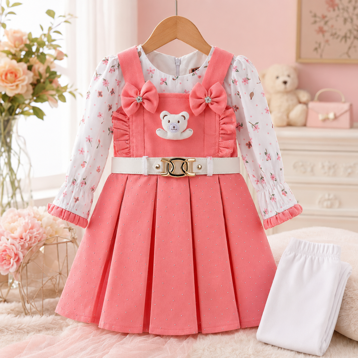 Baby girl wearing coral pink frock suit with white pajama, teddy patch and belt