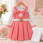 Baby girl wearing coral pink frock suit with white pajama, teddy patch and belt