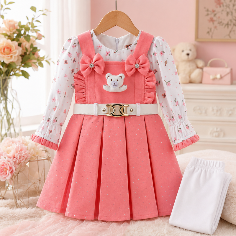 Baby girl wearing coral pink frock suit with white pajama, teddy patch and belt