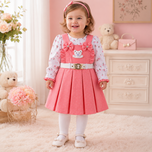 Coral pink baby girls frock suit with white pajama, teddy patch, belt and bow details