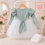 Back view of dusty blue and white baby girls party frock suit with pajama and back tie