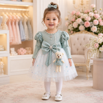 Baby girl wearing dusty blue and white party frock suit with pajama, bow and teddy charm