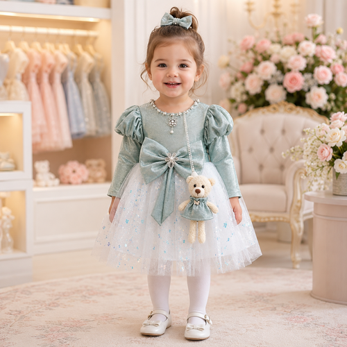 Baby girl wearing dusty blue and white party frock suit with pajama, bow and teddy charm