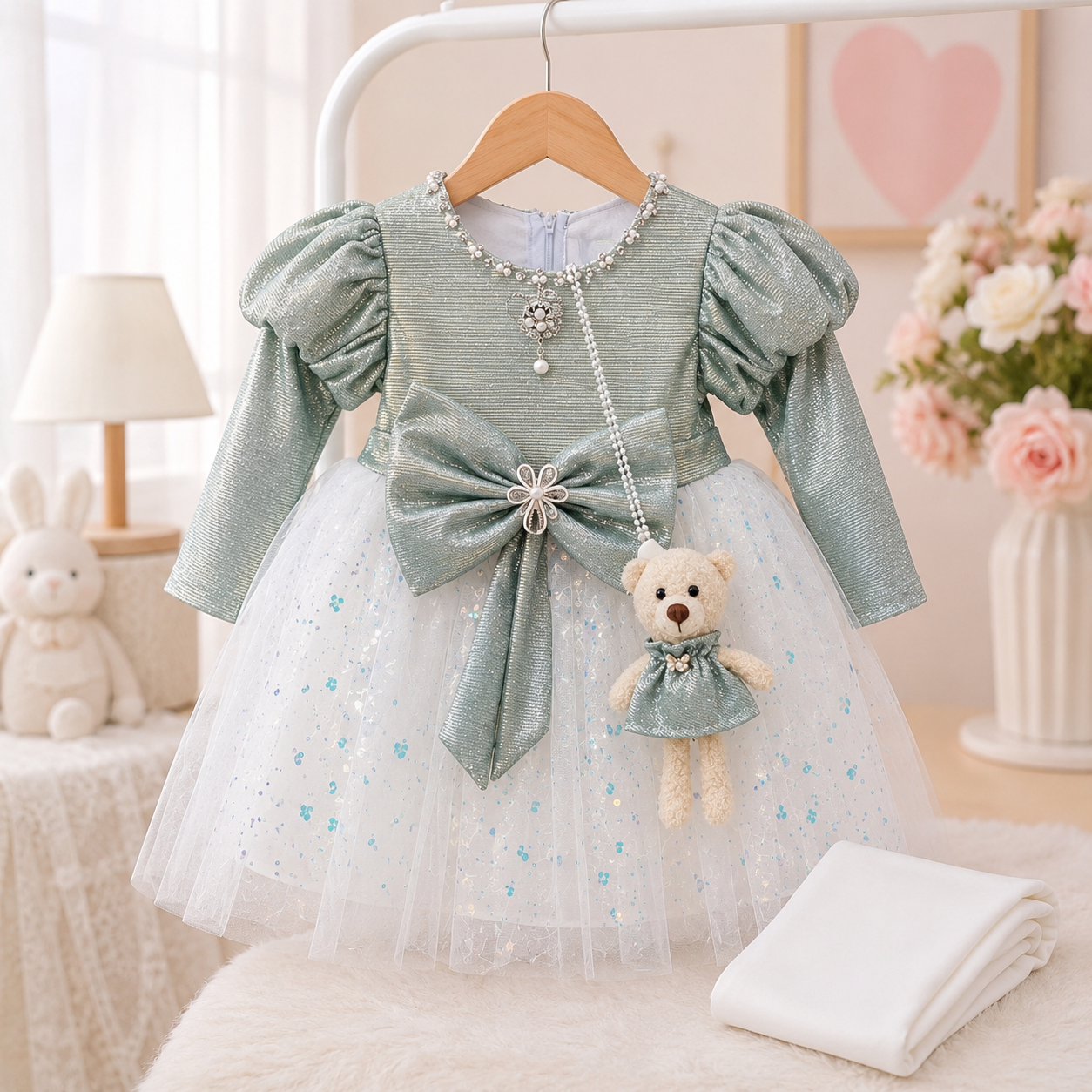 Dusty blue and white baby girls party frock suit with pajama, bow, pearl detail and teddy charm