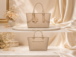Beige flower charm textured tote handbag front and back view with zipper pocket