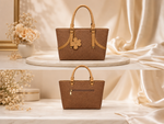 Brown flower charm textured tote handbag front and back view with zipper pocket