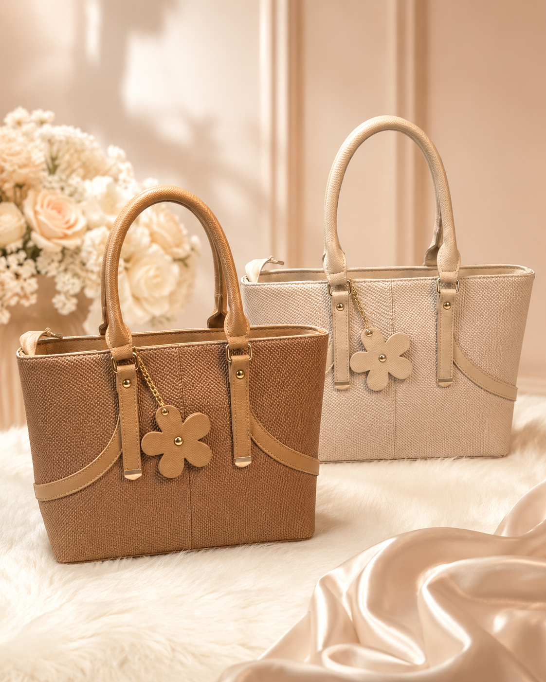 Flower Charm Textured Tote Handbag with Top Handles