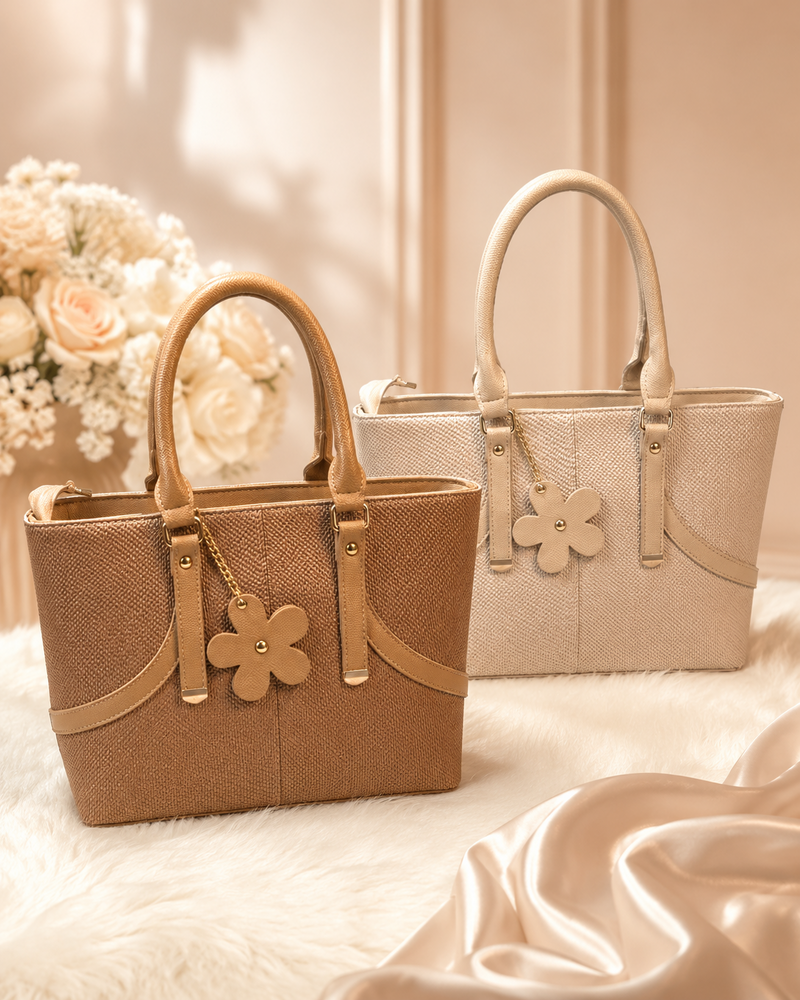 Flower charm textured tote handbag in beige and brown color front view