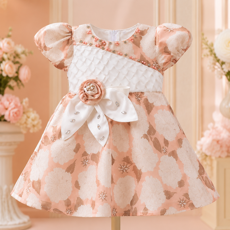 Back model view of peach floral baby girls frock with white bow tie