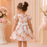 Peach floral paper cotton baby girls frock suit with white pajama and purse front view
