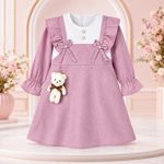 Front view of pink baby girls frock suit with pajama and bow detail