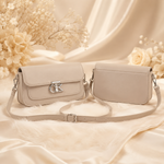Beige rectangular crossbody shoulder bag front and back view