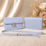 Light blue rectangular crossbody shoulder bag front and back view