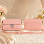 Pink rectangular crossbody shoulder bag front and back view