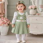 Baby girl wearing sage green frock suit with white pajama, floral sleeves and belt