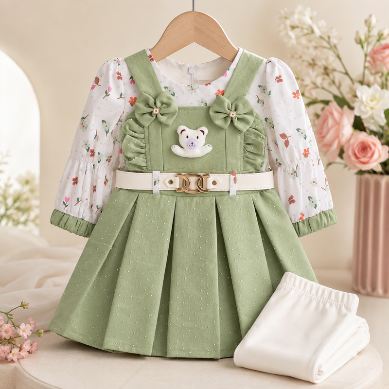 Sage green baby girls frock suit with white pajama, teddy patch, belt and bow details