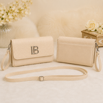 Beige textured flap crossbody shoulder bag with wristlet and long strap front and back view