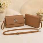 Brown textured flap crossbody shoulder bag with wristlet and long strap front and back view