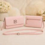 Pink textured flap crossbody shoulder bag with wristlet and long strap front and back view